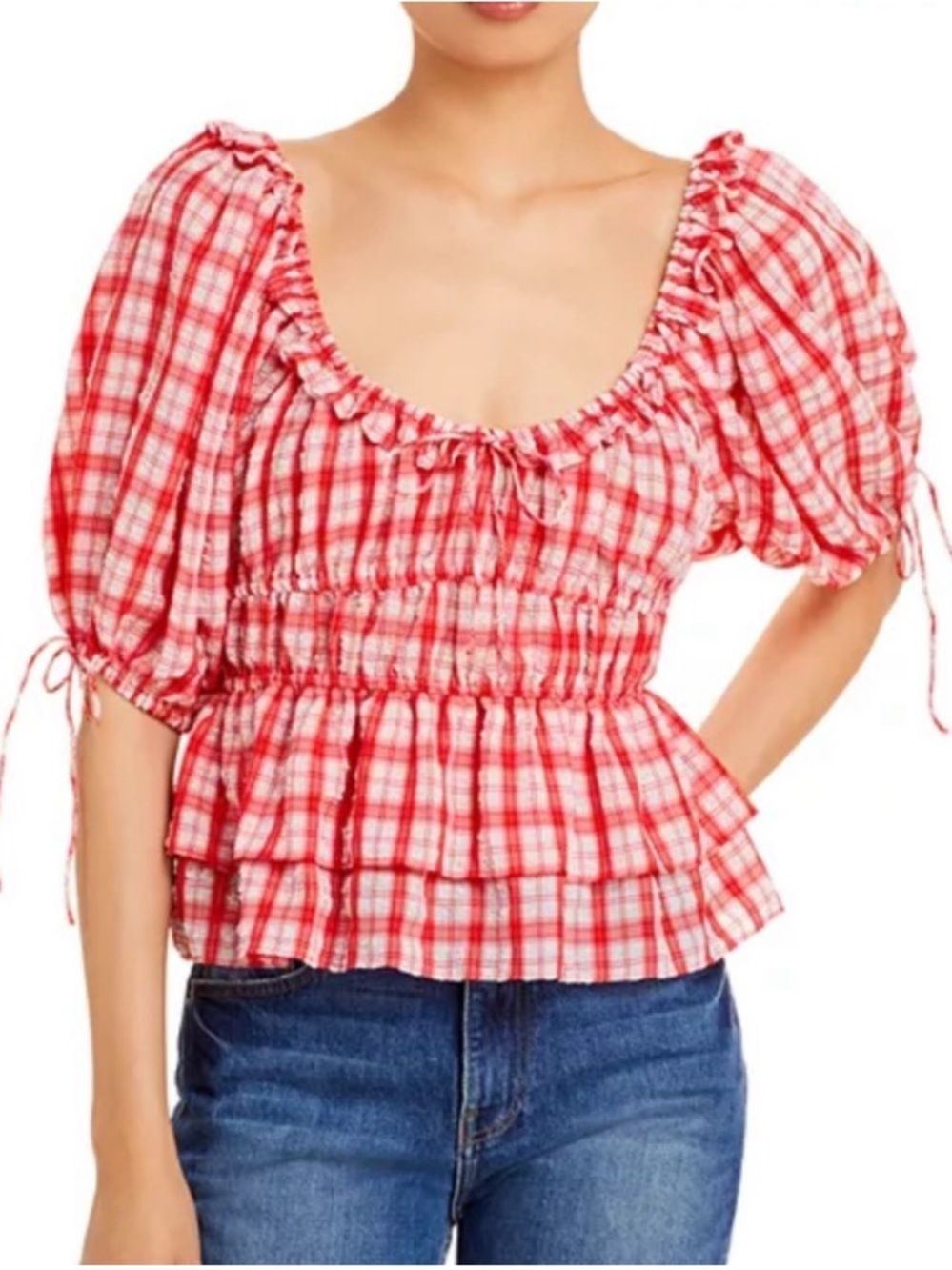 En Saison Red Plaid Smocked Milkmaid Top Puff Sleeve Peplum Cottagecore S - Picture 2 of 13